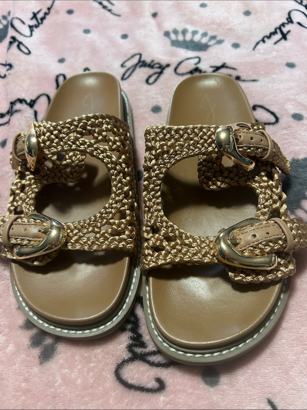 Joie Braided Tan Slide Sandals with Gold Buckles Size 8M
